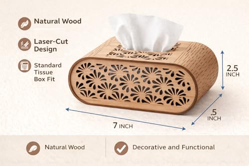 Image of Premium Wooden Tissue Box Cover for Table - Laser Cut Floral Design Napkin Holder, Decorative Rectangular Tissue Dispenser Case for Living Room, Dining Table & Office Desk Decor (Brown)