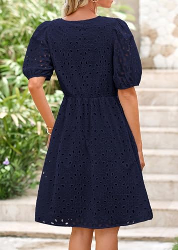 KIRUNDO Eyelet Summer Dresses for Women 2025 Short Sleeve Tie Front Babydoll A Line Wedding Guest Beach Vacation Sundress3