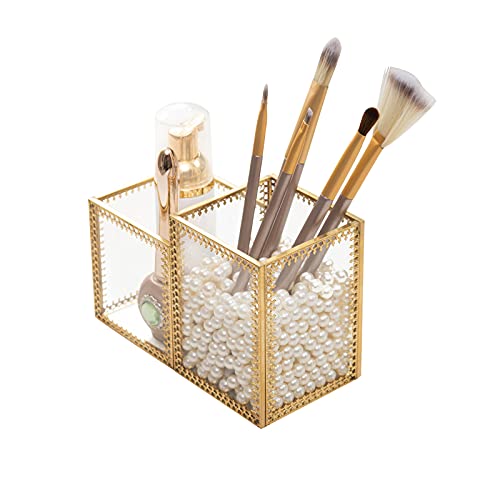 HARLIANGXY Porta-pennelli per Cosmetici in Vetro Trasparente, Porta Pennelli da Trucco, Organizer per Cosmetici Oro, Organizer per Pennelli Cosmetici, 15 x 7,5 x 10 cm