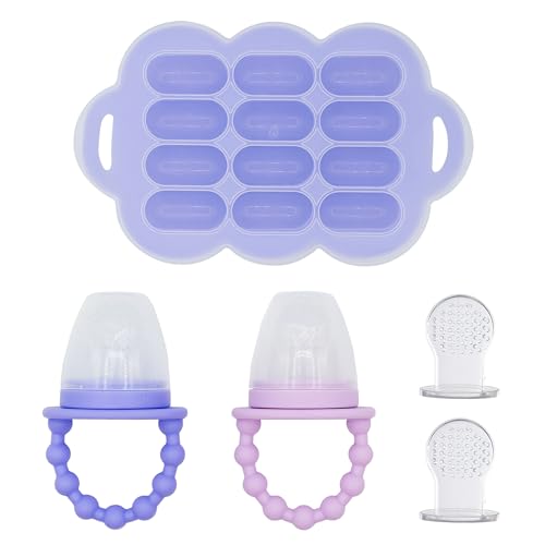 Image of WeeSprout Baby Food Feeder Set - 2 Silicone Feeders & Reusable Freezer Tray with Lid - BPA-Free Fresh Fruit & Veggie Pacifier for Babies & Toddlers - Double as Teething Toys - Dishwasher Safe