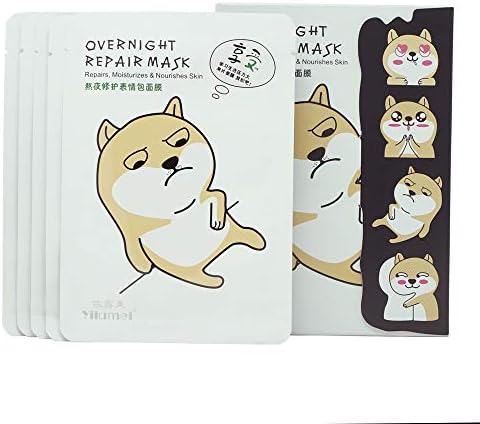 Natural Hydrating Repair Full Face Facial Mask Sheet Skin Care - Cute Shiba Inu Facial Masks - 28ml. each (Overnight Repair - 5 Pack)
