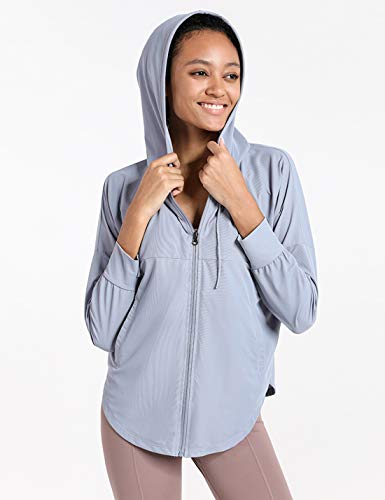 Locachy Women's Lightweight Full Zip Curved Hem Athletic Running Hooded Jackets Sweatshirt Light Blue M