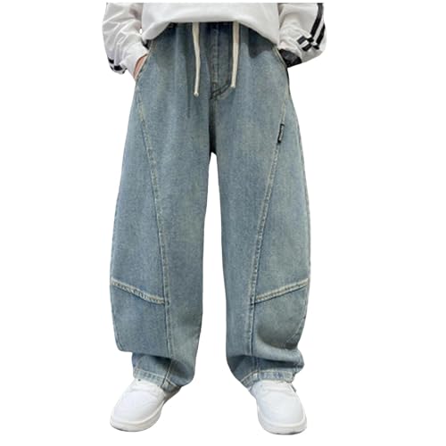 Boys Jeans Kids Wide Leg Denim Pants Streetwear Drawstring Elastic Waist Baggy Jean Trousers with Pockets