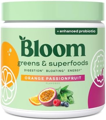 Bloom Nutrition Superfood Greens Powder, Digestive Enzymes with Probiotics and Prebiotics, Gut Health, Bloating Relief for Women, Chlorella, Juice Mix w/Beet Root Powder, 30 SVG, Orange Passionfruit