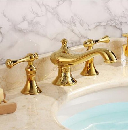 Gowe Largement de salle de bain Lavabo Robinet double poignées Meuble lavabo robinet mitigeur Laiton Doré