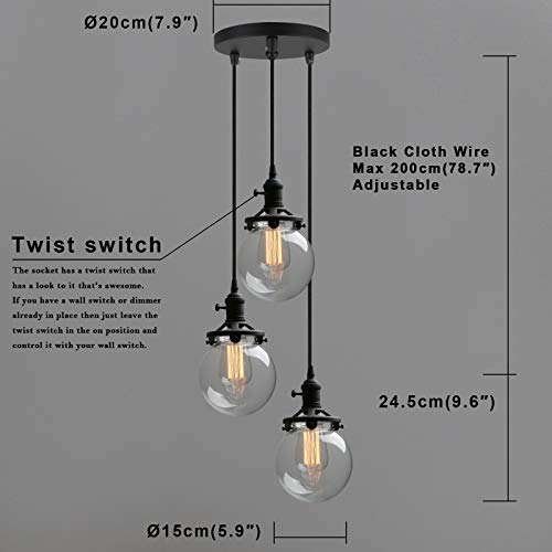 Image of Phansthy 3 Lights Chandelier Industrial Cluster Pendant Light with 5.9 Inch Clear Globe Glass Shade, Foyer Chandeliers Entryway High Ceiling Staircase Lights (Black)