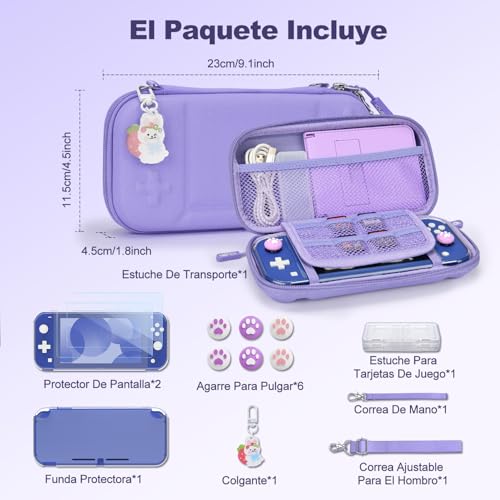 Estuche para tarjetas de juego y funda Switch Lite morada con protector de pantalla 2