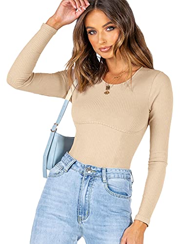 Women’s Fashion Crew Neck Long Sleeve Underbust Detailing Fitted T Shirts Knit Ribbed Bodysuits Leotards Tops Nude Small - Image 3