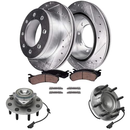 Image of Detroit Axle - 2WD Front Wheel Bearing Hubs Brake Kit for 2003 2004 2005 | Dodge Ram 2500 3500 Drilled Slotted Brake Rotors Ceramic Brake Pads Wheel Bearing Hubs Replacement 13.91 inch Front Rotor