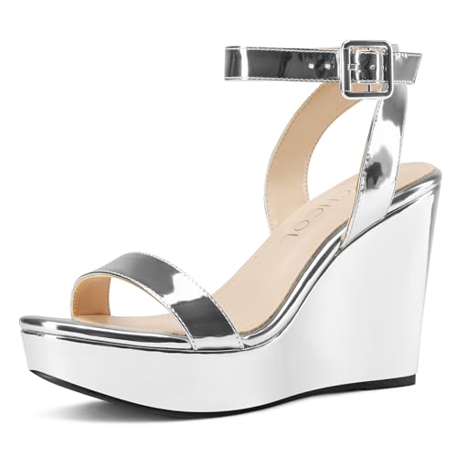 Image of Aachcol Women Platform Wedge Sandals Round Peep Open Toe Ankle Strap Slingback Two-Piece Chunky Block High Heel Dress Shoes Pumps Party Patent 4 Inch