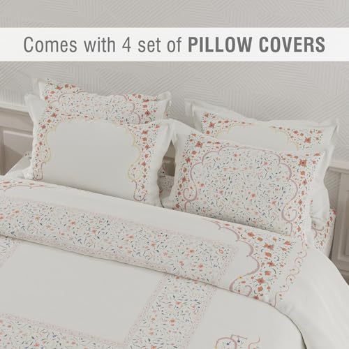 Image of BOUTIQUE LIVING Platinum Pulse 100% Cotton 800 TC White & Red Digital Meenakari Print King Bedsheet with 4 Pillow Covers