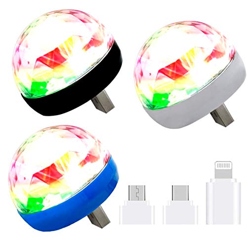 USB Mini Disco Lights, Party Lights Magic Disco Ball Light, Halloween DJ Disco Stage Lights with 9 Adapter for Xmas Parties DJ Stage Atmosphere Christmas Party Interior Car Lights, Pack of 3