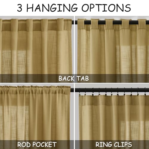 Image of Nanspring Gold Linen Curtains 84 Inch Length 2 Panels Set for Living Room Rod Pocket Back Tab Light Filtering Window Drapes for Bedroom Dining Room Protect Privacy Modern Farmhouse Decor 52x84