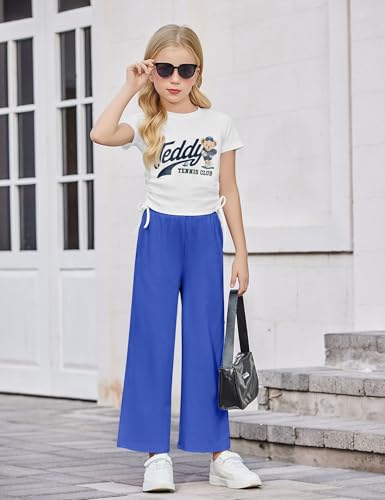Image of Arshiner Girls 2 Piece Outfit Ruched Drawstring Tops and Wide Leg Pants Set