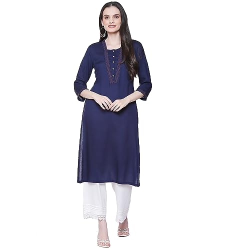 Image of Rangriti Indigo Blue Liva Straight Solid Kurta for Women