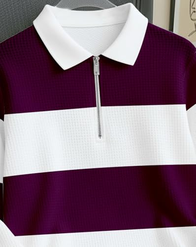 Image of Stylish Half Zip T-Shirt for Mens, Texture Striped Casual T-Shirt for Men, Formal Collared Neck Full Sleeves Tshirt for Boys