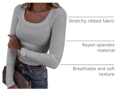 Image of Roselux Womens Long Sleeve Scoop Neck Ribbed Knit Fitted Casual Tops Tee Slim Basic Shirts
