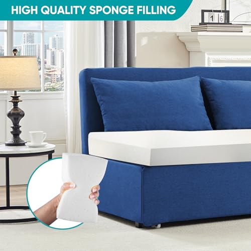 Image of BALUS 43 inch W Queen Size Sleeper Couch Bed Pull Out Sofa with Pullout Beds, 2 in 1 Convertible Linen Single Sleepers Sofas Chair with Foldable Mattress and Pillows for Small Space Apartment, Blue