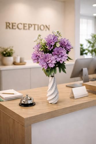 Image of Premium Combo Artificial Lavender Purple Dahlia Flower Bouquet with Designer Ceramic Vase | Snowflake Fabric Real Touch Flowers | Luxury Home Decor for Living Room Bedroom Office Table(ND-20)