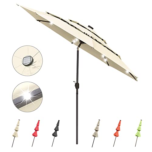 Yescom UV70+ 3-Tiers 10ft LED Patio Umbrella with Solar Powered Crank Tilt Garden Yard Pool Market Deck Table Beige