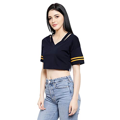 Image of LE BOURGEOIS Women Solid Loose Fit Desiger V-Neck Short Sleeve Dance Party Casul Crop Top