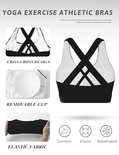 Image of Buauty 2 Packs Sports Bras for Women, High Impact Yoga Workout Bra, High Support Criss-Cross Back Bras for Large Bust, Wireless Padded Athletic Strappy Racerback Sports Bra, Black+Black 2XL