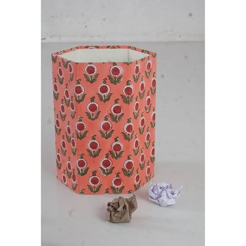Image of Floral Hand Block Printed 3.3 Gallon Decorative Waste Basket - Eco-Friendly Cardboard Trash Can, Plastic-Free & Sustainable, Perfect for Christmas and Housewarming Gifts (1, FLOWAR RED)