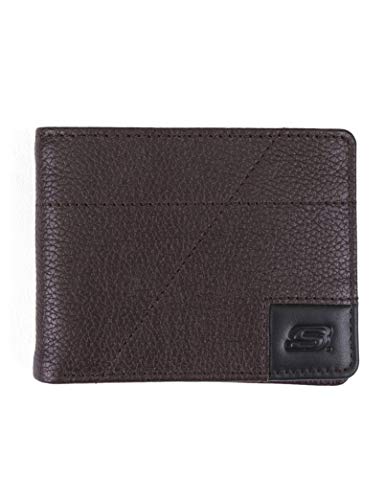 Skechers Mens Passcase RFID Leather Wallet with Flip Pocket, Brown Cross Stitch, One Size