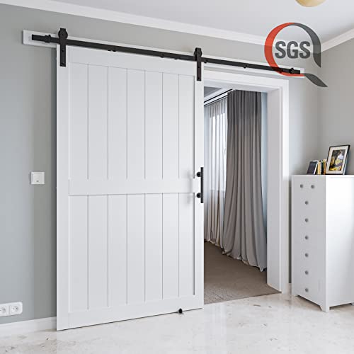 Coshomer 48In X 84In Mdf Sliding Barn Door With 8Ft Barn Door Hardware Kit & Handle, Pre-Drilled Holes Easy Assembly -Solid Wood Slab Inside Covered With Water-Proof Pvc Surface, White, H-Frame #TOP2