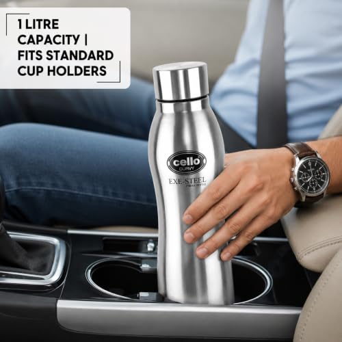 Image of CELLO New Curvy Stainless Steel Water Bottle For Daily Use Set of 3 Pcs Silver, 1000 ml | Single Wall Rustproof & Leakproof, Fridge Safe | Stainless Steel Water Bottle For Kids, Office, Travel, Picnic