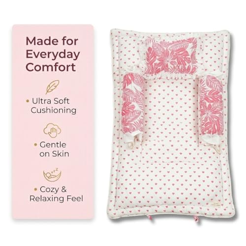 Image of NWF Premium Cotton Toddler Bedding Set, Pink Leaf Print, 26x40 Inch, Foldable Nap Mat, Lightweight, Travel Friendly, 4 Piece, 12+ Months