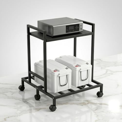 Image of Double Battery Metal Inverter 2-Tier Stand with Wheels - Heavy Duty White Metal UPS Trolley for Inverter & Battery Storage, Durable & Space-Saving Design (Black)