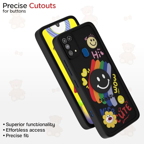 Image of Pikkme Back Cover for Samsung Galaxy M31 / M31 Prime / F41 | Soft Silicone| Cute Rainbow Smile & 3D Cartoon Flower Design | Shockproof Raised Camera Protection Bumper Case (Black)