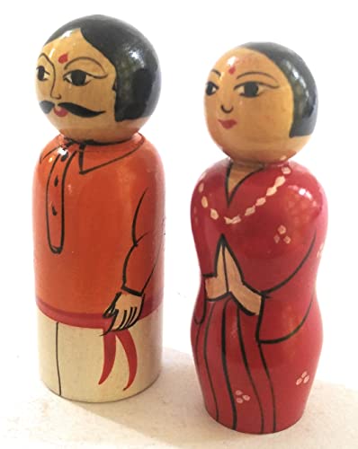 Gene Crafts India Hand Crafted Channapatna Wooden Karnataka Couple Dolls / Toy -Mr & Mrs. Appaji - 10 Cms
