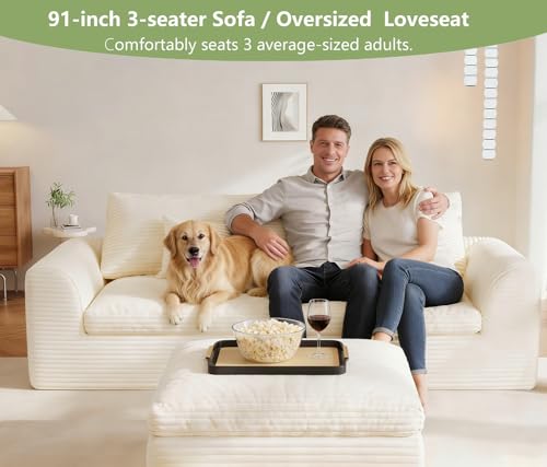Image of Boneless Couch 91 inch Cloud Sofa 3-Seater Sectional Couches for Living Room, L-Shape Sofa with Ottoman, Comfy Flannel Fabric Oversized Loveseat Recliner Lounge Chaise with 2 Throw Pillow (Beige)