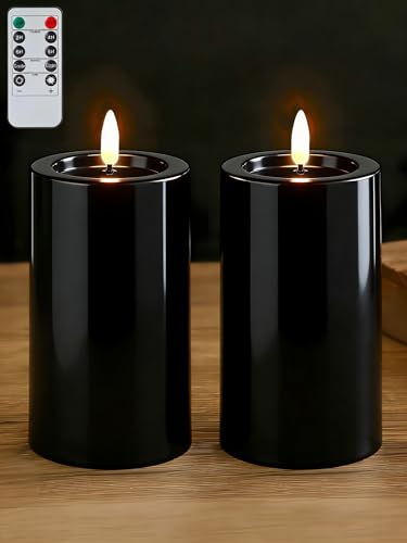 Image of Gmnee 3 inchx4 inch Outdoor Waterproof Flameless Candles with Remote Timers Plastic | 2 Pack Battery Operated Candles, LED Candles, Electric Fake Pillar Candles for Patio, Porch, and Lanterns Decor (Black)