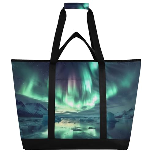 Aurora Landscape Ice Large Insulated Tote Bag for Grocery Shopping Reusable Tote Bags for Women Men, Cooler Bag with Zippered Top & Handles for Beach Picnic Travel