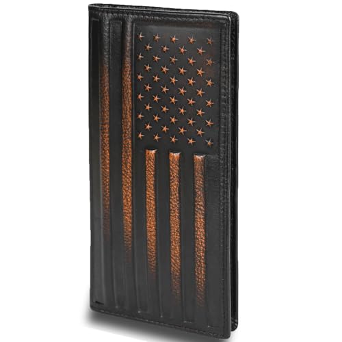 DK86 USA Flag Long Wallet For Men Full Grain Leather with Hand Burnished Rfid Blocking Rodeo Wallet Bifold Wallet American Flag Wallet