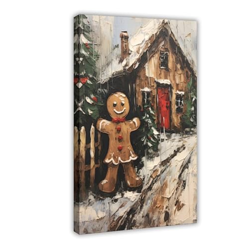Vintage Snow Scene House And Gingerbread Man Christmas Canvas Wall