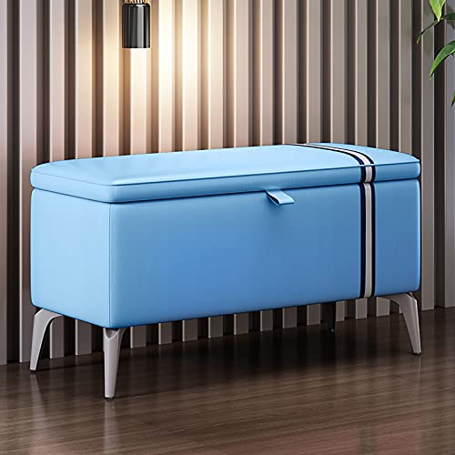 Moderno Panca Ottomana Portaoggetti in Pelle,Panca Rettangolare per Scarpe da Ingresso con Seduta Imbottita,Bauli Portaoggetti in Legno Massello Panca Portaoggetti Multifunzione-Blu 80x35x45