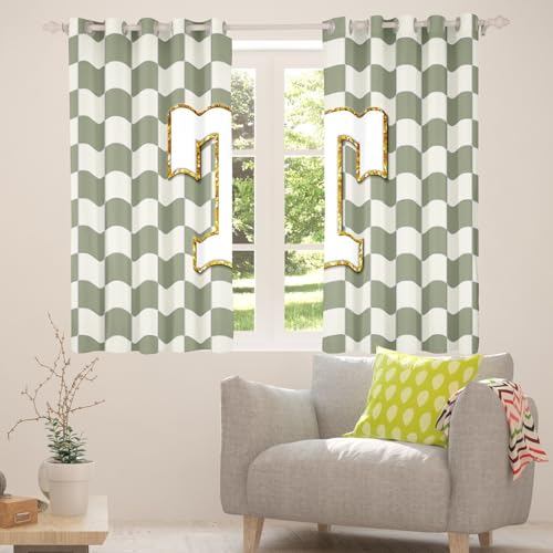 Image of Erosebridal Sage Green Checkered Window Curtains 38 inch Wx54 L Plaid Initial T Blackout Curtains for Bedroom Living Room,Personalized Monogram Window Treatments Grids Gingham Drapes Decor 2 Panels