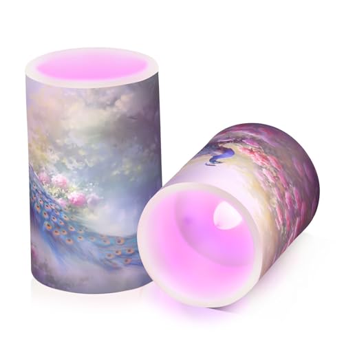 Image of Flickering Flameless Candles, Peacock Flowers LED Candles with Remote Timer, Set of 2 Battery Operated Candle for Valentine Wedding Birthday