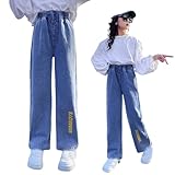 Generisch Freizeithose für Mädchen mit Buchstaben-Print, gerades Bein, weites Bein, Jeans für den Alltag, Bequeme elastische Taille, Frühlings-/Sommer-Outfit (Blue, 9-10 Years)