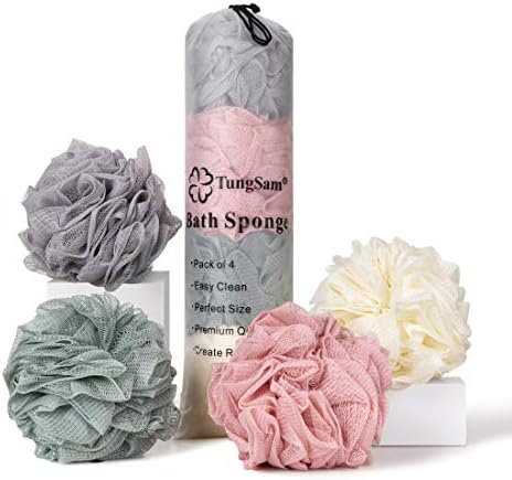 TungSam Bath Loofah Sponge, Pack of 4 Mesh Pouf Body Shower Scrubber. (Multi-Color)