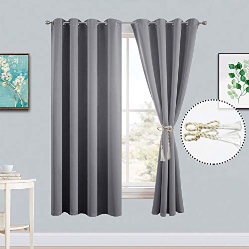Yakamok Room Darkening Curtains Thermal Insulated Gray Blackout Curtain Panels Solid Grommet Top Window Drapes for Bedroom, 2 Tie Backs Included(52x72 Inch, Grey, 2 Panels)