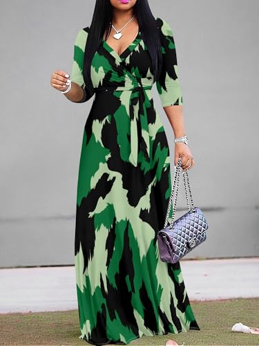 Image of Plus Size Dresses for Women Print Maxi Dresses 3 /4 Sleeve with Belt