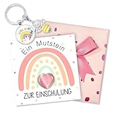 PIujsym Mutstein Einschulung Mädchen Set mit Schulkind Schlüsselanhänger Regenbogen Karte Geschenkbox für Schultüte Füllung Erstklässler Glücksbringer Schulanfang Mutmacher Geschenke zur Einschulung