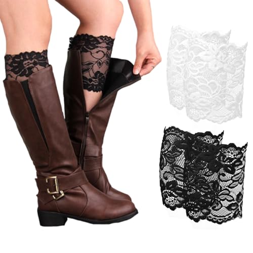Ziyutam 2 Pairs Lace Boot Socks, Black & White Boot Toppers for Women, Lace Leg Warmers Floral Pattern Accessories Elastic Elegant Leg Cuffs Boots Fashion Clothes Decor