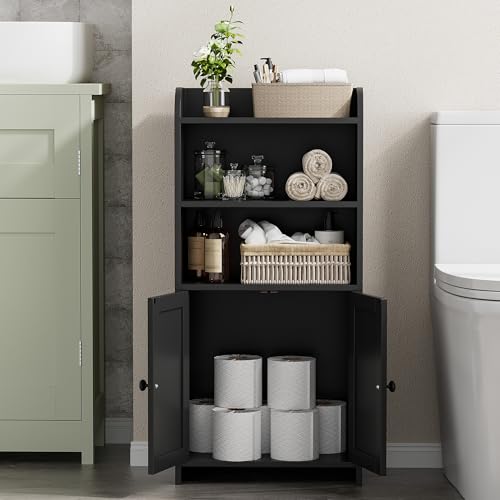 Homhedy Small Bathroom Storage Cabinet, Freestanding Toilet Paper Storage with 2 Doors and Shelves, Bathroom Organizers and Storage for Small Spaces, Laundry Room, 7.9" D x 14.6" W x 31" H, Black - Image 4
