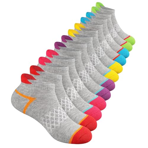 Comfoex 12 pares de calcetines deportivos de algodón con suela acolchada para niños grandes y pequeños, Gris 12 Pares, 7-10 años